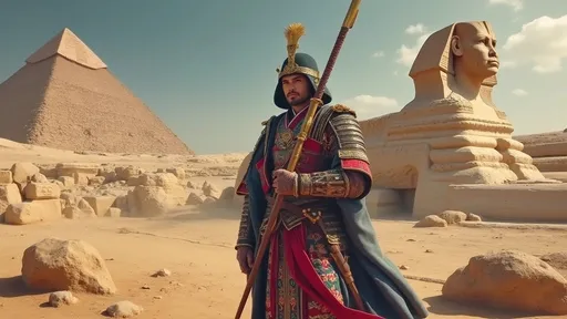 Prompt: A samurai diplomat standing confidently before the majestic Sphinx, symbolizing cultural exchange, dressed in traditional samurai attire with ornate details, vibrant colors reflecting the historical significance, evocative lighting highlighting the scene, captured in a photorealistic style, evoking a sense of adventure and diplomacy, set against a backdrop of warm desert hues and ancient stone textures, 4K quality, conveying the year 1863.