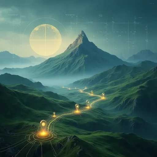 Prompt: Create a surreal digital artwork that represents strategic mapping and optimization in a futuristic landscape. Include a majestic mountain as the central focus, symbolizing peak achievement, surrounded by rolling hills connected by illuminated pathways forming a network. Scatter glowing location markers (pins) across the terrain to emphasize geolocation and connectivity. Add a grid overlay and a subtle global map projection in the background to suggest worldwide reach. Use a color palette of earthy greens and blues with glowing accents in white and yellow to convey progress and innovation. Ensure the atmosphere is dreamlike yet professional, with text elements indicating themes of strategy and optimization.