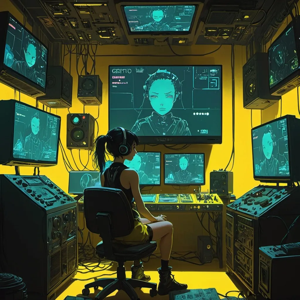 Prompt: a dimly lit room with a cyberpunk girl sat in the middle. a wall of televisions and computer screens. eerie yellow glow. oscilloscope. cyberpunk vibes. sci - fi. zack snyder. tooth wu and wlop and beeple and greg rutkowski and peter gric and victo ngai