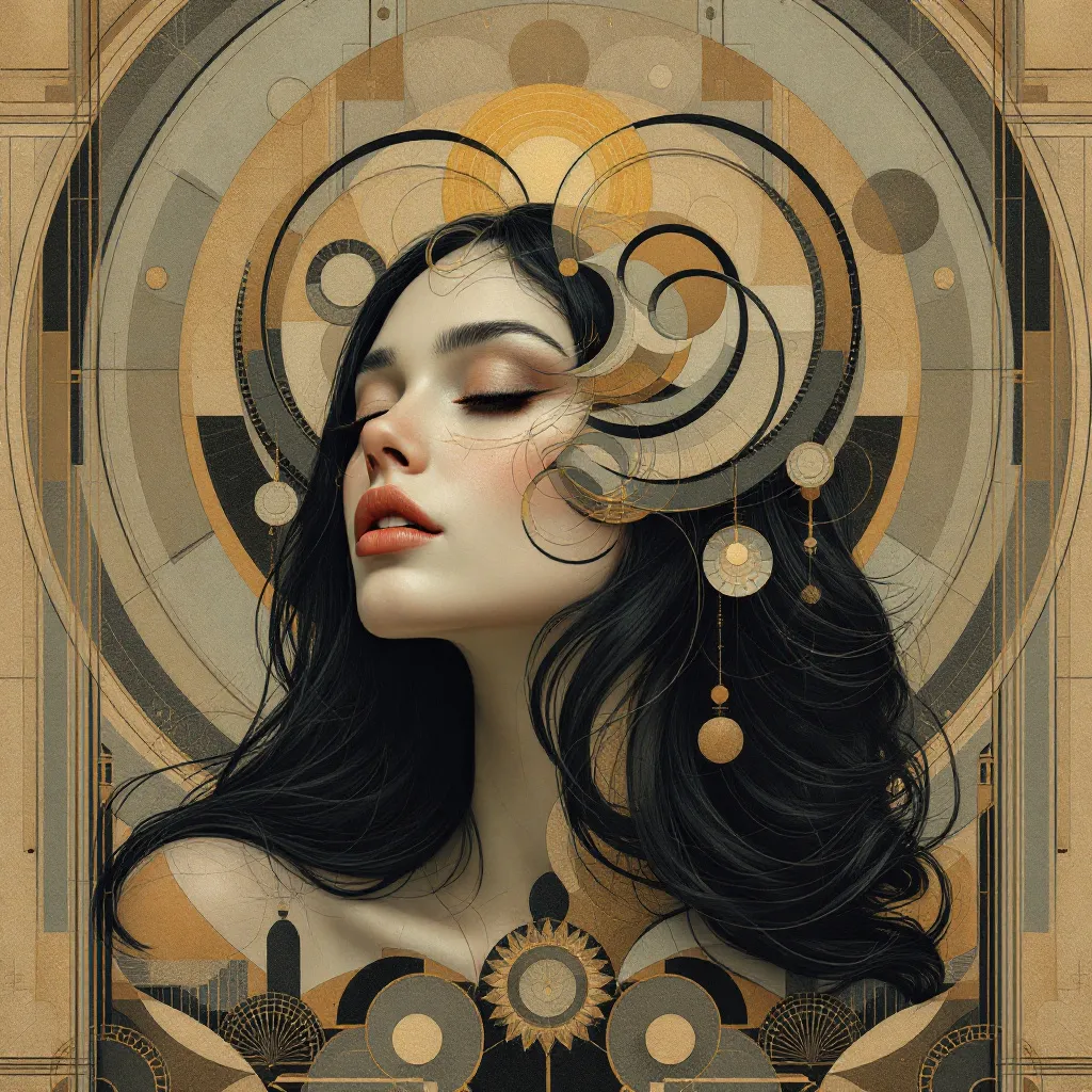 Prompt: Surreal portrait of a figure with intricate Art Deco-inspired geometric patterns, abstract circular designs blending into the background, detailed textures, flowing dark hair, and muted earth-tone colors. Emphasize symmetry, elegance, and a fusion of organic and architectural elements. Style: modern surrealism, highly detailed, soft lighting, smooth gradients.