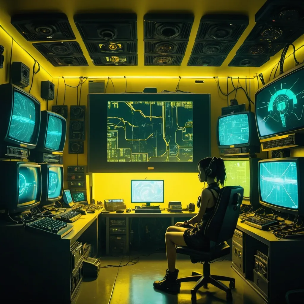 Prompt: a dimly lit room with a cyberpunk girl sat in the middle. a wall of televisions and computer screens. eerie yellow glow. oscilloscope. cyberpunk vibes. sci - fi. zack snyder. tooth wu and wlop and beeple and greg rutkowski and peter gric and victo ngai