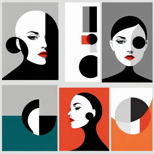 Prompt: Create a set of four minimalist, Bauhaus-inspired digital art portraits. Each composition should feature a stylized female face or profile in grayscale tones, partially integrated with abstract geometric shapes such as circles, rectangles, and curves. Use bold contrasts between black, white, and gray with vibrant accent colors like red, teal, and orange. Ensure the designs have a clean and modern aesthetic with a focus on symmetry and balance between the abstract elements and the facial features.