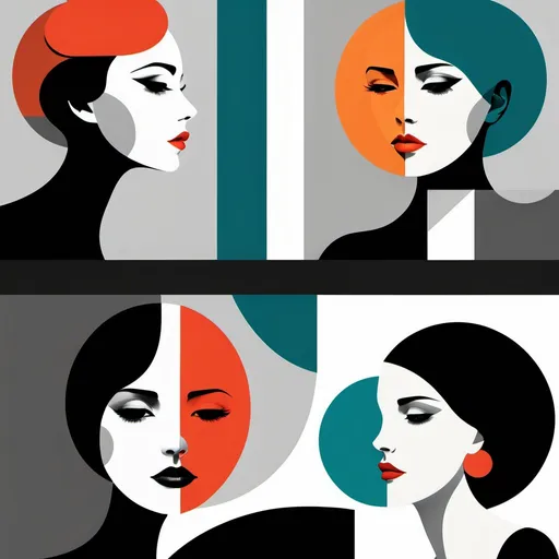 Prompt: Create a set of four minimalist, Bauhaus-inspired digital art portraits. Each composition should feature a stylized female face or profile in grayscale tones, partially integrated with abstract geometric shapes such as circles, rectangles, and curves. Use bold contrasts between black, white, and gray with vibrant accent colors like red, teal, and orange. Ensure the designs have a clean and modern aesthetic with a focus on symmetry and balance between the abstract elements and the facial features.
