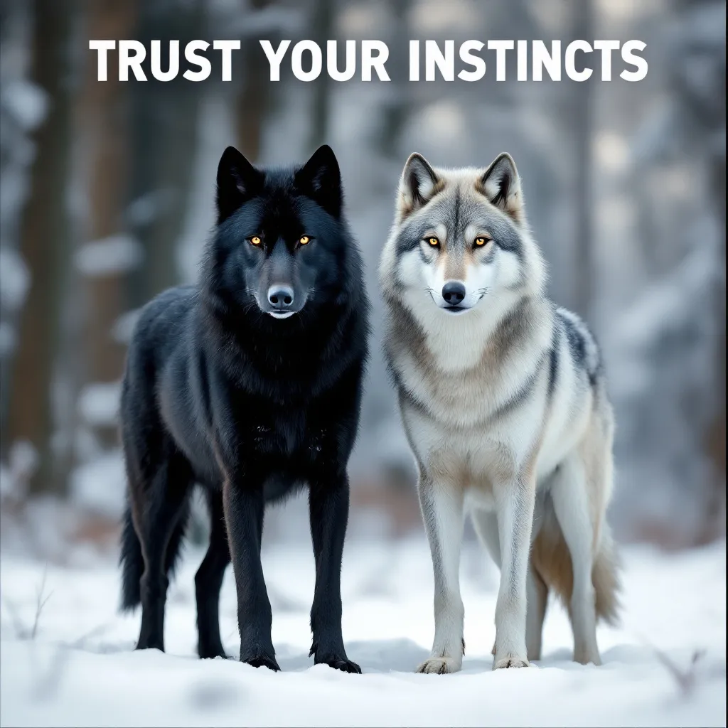 Prompt: Two wolves standing side by side in a snowy forest, one with black fur and the other with light gray and white fur, calm and alert posture, heads turned slightly in opposite directions, serene winter landscape with snow-covered ground and trees, cinematic lighting, bold text 'TRUST YOUR INSTINCTS' in uppercase white font at the top --ar 4:3 --v 5