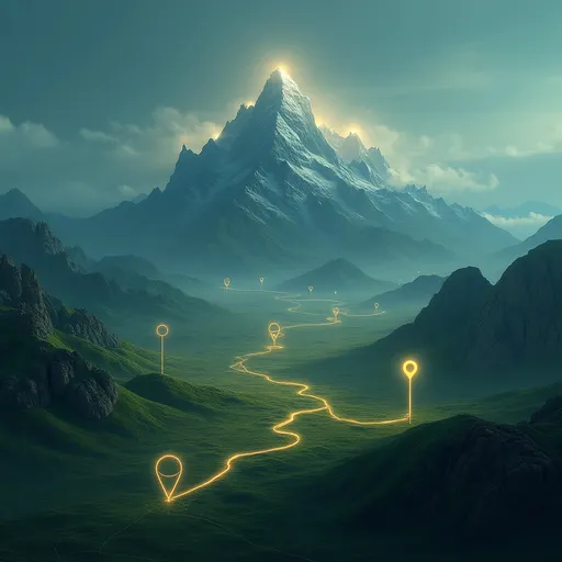 Prompt: Create a surreal digital artwork that represents strategic mapping and optimization in a futuristic landscape. Include a majestic mountain as the central focus, symbolizing peak achievement, surrounded by rolling hills connected by illuminated pathways forming a network. Scatter glowing location markers (pins) across the terrain to emphasize geolocation and connectivity. Add a grid overlay and a subtle global map projection in the background to suggest worldwide reach. Use a color palette of earthy greens and blues with glowing accents in white and yellow to convey progress and innovation. Ensure the atmosphere is dreamlike yet professional, with text elements indicating themes of strategy and optimization.