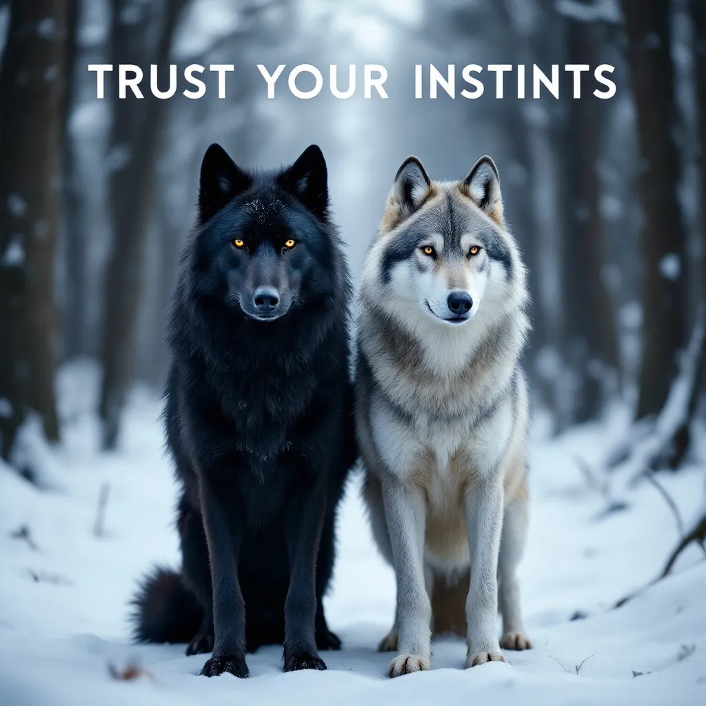 Prompt: Two wolves standing side by side in a snowy forest, one with black fur and the other with light gray and white fur, calm and alert posture, heads turned slightly in opposite directions, serene winter landscape with snow-covered ground and trees, cinematic lighting, bold text 'TRUST YOUR INSTINCTS' in uppercase white font at the top --ar 4:3 --v 5