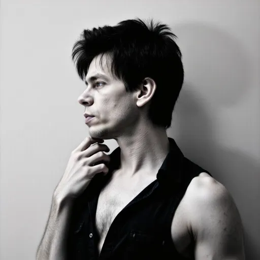 Prompt: With a striking profile presented against a softly textured, light backdrop, a man exudes a contemplative aura as he gazes off to the side. His tousled dark hair adds an edgy touch to the serious expression on his face, where subtle shadows enhance the sculpted contours of his jaw and cheekbone. Clad in a sleeveless black shirt that accentuates his lean physique, he holds one hand near his collarbone, fingers splayed as if caught in a moment of introspection. The monochromatic color palette, with its muted tones, combines with controlled lighting to underscore a mood of intensity and reflection, inviting viewers into his silent narrative. Overall, the image captures a compelling blend of vulnerability and strength, marked by a profound sense of stillness.