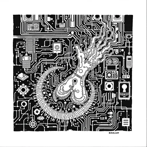 Prompt: [LINOCUT drawing style] In the realm of the electronic age, Burroughs' words take center stage. A beatnik's mind, it starts to spin, As I dive into the words within. "The Electronic Revolution" it's called, A trip through technology, uncontrolled. Control and manipulation, the game they play, In this digital world, where minds stray. Perception shattered, reality bends, As electronic hallucinations ascend. Cut-up language, a collage of the mind, In fragments and pieces, meaning we find.