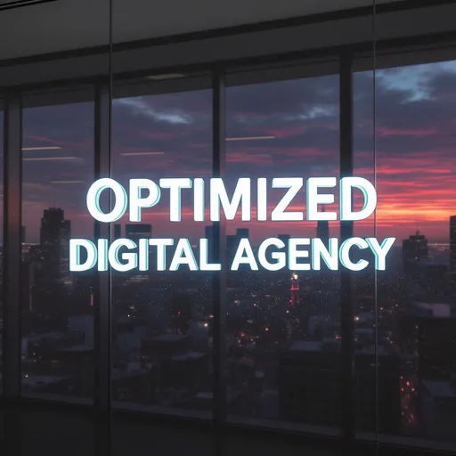 Prompt: Imagine a sleek, modern office space bathed in soft, ambient lighting, where the bold, uppercase, sans-serif font for "OPTIMIZED DIGITAL AGENCY" stands prominently against a stylish backdrop. The words, illuminated by a gentle glow, reflect off a polished glass wall, creating a sense of clarity and innovation. Behind the text, large windows reveal a vibrant city skyline at dusk, as the setting sun casts orange and purple hues across the horizon. Outside, the bustle of urban life continues, with hints of brief rain that glisten on the glass, adding a dynamic aspect to the scene. This contemporary portrayal invites viewers to embrace a forward-thinking vision, suited for a photorealistic style.