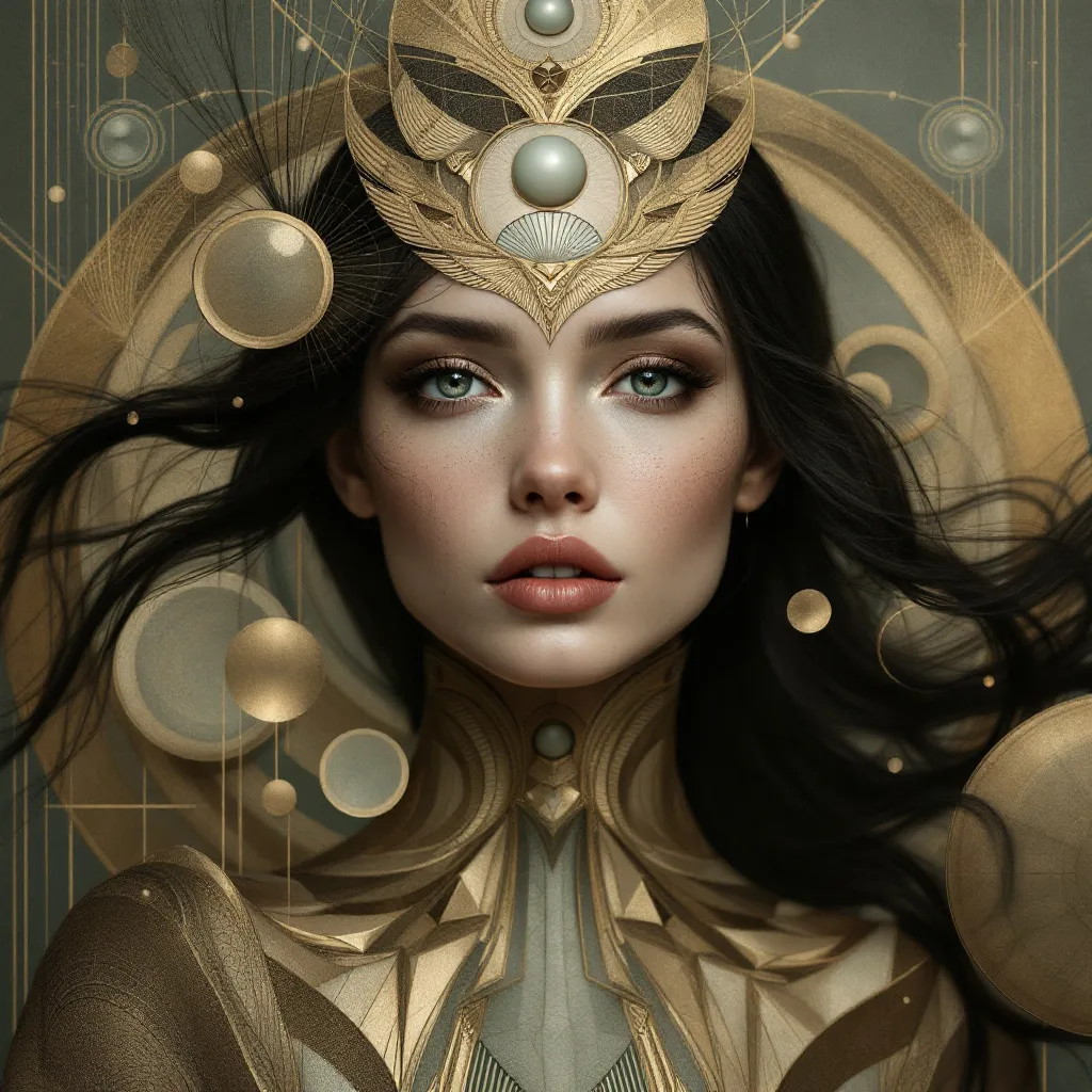 Prompt: Surreal portrait of a figure with intricate Art Deco-inspired geometric patterns, abstract circular designs blending into the background, detailed textures, flowing dark hair, and muted earth-tone colors. Emphasize symmetry, elegance, and a fusion of organic and architectural elements. Style: modern surrealism, highly detailed, soft lighting, smooth gradients.