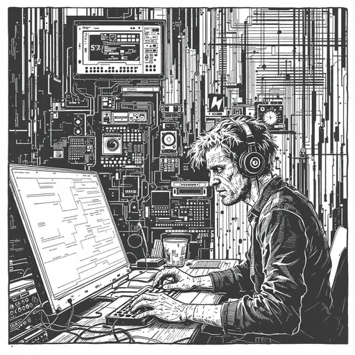 Prompt: [LINOCUT drawing style] In the realm of the electronic age, Burroughs' words take center stage. A beatnik's mind, it starts to spin, As I dive into the words within. "The Electronic Revolution" it's called, A trip through technology, uncontrolled. Control and manipulation, the game they play, In this digital world, where minds stray. Perception shattered, reality bends, As electronic hallucinations ascend. Cut-up language, a collage of the mind, In fragments and pieces, meaning we find. Modern Man in Search of a Soul