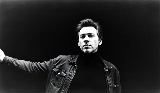 Prompt: black and white photo, Henri Cartier-Bresson style, stylishly tousled brown hair, confident pose, arm extended outward, captured candidly, high contrast, moody atmosphere, dynamic composition, vintage photography aesthetic, 4K resolution, elegant framing, artistic depth, expressive context, emotionally compelling moment.