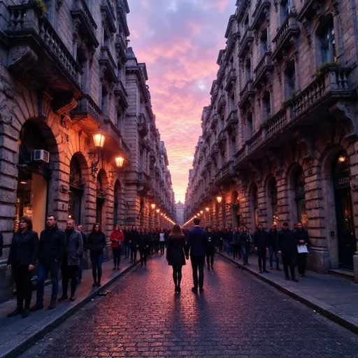 Prompt: Imagine a vibrant twilight scene of Belgrade's cobblestone streets, the sky painted in hues of deep purple and soft orange as the sun sets. Shadows stretch long from the historic buildings, their ornate facades illuminated by the warm glow of street lamps flickering to life. A couple, strolled hand in hand, their expressions filled with wonder, pauses to admire the intricate details of the architecture around them, while a gentle breeze rustles through the leaves of nearby trees. The faint sounds of distant music linger in the air, enhancing the city's lively ambiance. This magical moment captures the spirit of Belgrade, inviting viewers to feel the pulse of the city. A cinematic lighting style would beautifully enhance this captivating scene.