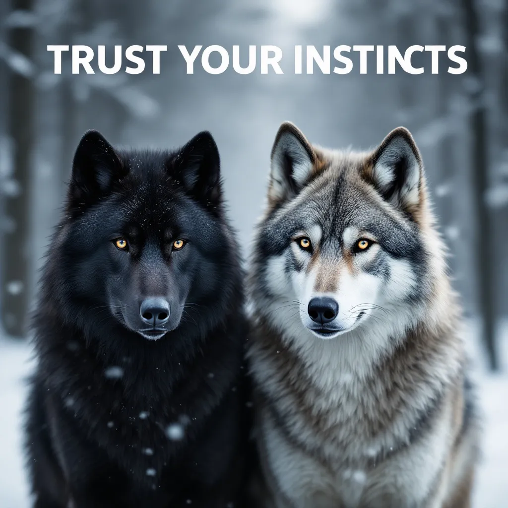 Prompt: Two wolves standing side by side in a snowy forest, one with black fur and the other with light gray and white fur, calm and alert posture, heads turned slightly in opposite directions, serene winter landscape with snow-covered ground and trees, cinematic lighting, bold text 'TRUST YOUR INSTINCTS' in uppercase white font at the top --ar 4:3 --v 5