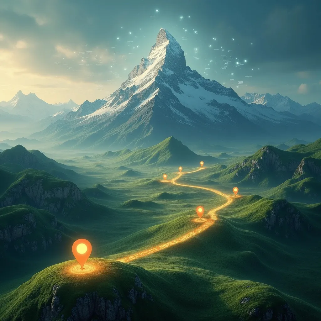 Prompt: Create a surreal digital artwork that represents strategic mapping and optimization in a futuristic landscape. Include a majestic mountain as the central focus, symbolizing peak achievement, surrounded by rolling hills connected by illuminated pathways forming a network. Scatter glowing location markers (pins) across the terrain to emphasize geolocation and connectivity. Add a grid overlay and a subtle global map projection in the background to suggest worldwide reach. Use a color palette of earthy greens and blues with glowing accents in white and yellow to convey progress and innovation. Ensure the atmosphere is dreamlike yet professional, with text elements indicating themes of strategy and optimization.