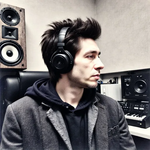 Prompt: Create a high-contrast cinematic animation featuring a young person with stylized spiked hair in profile, wearing oversized headphones and a hoodie, seated between studio monitors in a minimalist sound studio. The camera slowly circles around, highlighting detailed line art textures, dynamic crosshatching, and subtle grayscale shading. Animate gentle movements—hair subtly shifting, headphone lights pulsing, soft audio waveforms rippling from the speakers. The atmosphere should channel creative focus and immersive listening, blending urban youth culture and artistic monochrome illustration. Prioritize slow, smooth motion transitions, crisp inking effects, and immersive sound design.
