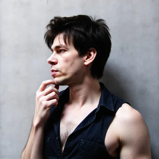 Prompt: With a striking profile presented against a softly textured, light backdrop, a man exudes a contemplative aura as he gazes off to the side. His tousled dark hair adds an edgy touch to the serious expression on his face, where subtle shadows enhance the sculpted contours of his jaw and cheekbone. Clad in a sleeveless black shirt that accentuates his lean physique, he holds one hand near his collarbone, fingers splayed as if caught in a moment of introspection. The monochromatic color palette, with its muted tones, combines with controlled lighting to underscore a mood of intensity and reflection, inviting viewers into his silent narrative. Overall, the image captures a compelling blend of vulnerability and strength, marked by a profound sense of stillness.