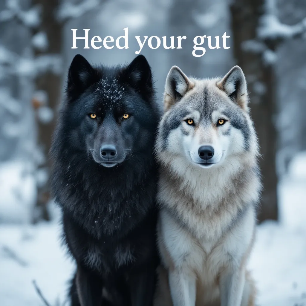 Prompt: Two wolves standing side by side in a snowy forest, one with black fur and the other with light gray and white fur, calm and alert posture, heads turned slightly in opposite directions, serene winter landscape with snow-covered ground and trees, cinematic lighting, bold text 'Heed your gut in uppercase white font at the top --ar 4:3 --v 5