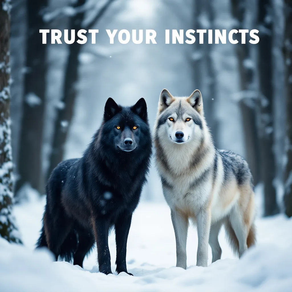 Prompt: Two wolves standing side by side in a snowy forest, one with black fur and the other with light gray and white fur, calm and alert posture, heads turned slightly in opposite directions, serene winter landscape with snow-covered ground and trees, cinematic lighting, bold text 'TRUST YOUR INSTINCTS' in uppercase white font at the top --ar 4:3 --v 5