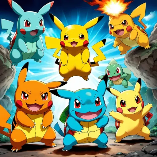 Prompt: pikachu, bulbasaur, charmander, and squirtle fighitng against ash because he treated them wrong and they are using their ultimate power to hit them