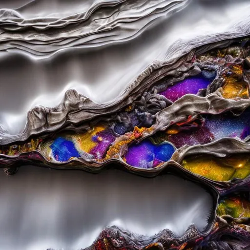 Prompt: Sculpted and layered abstract epoxy resin wall art, bright metallic colors, lots of depth, high quality, 3D rendering, abstract, vibrant metallic, layered texture, depth, epoxy resin, earth colors and tones contrasting florescent colors in the background, professional lighting, lots of different extreme textures. inspired by mountains and lakes. partially flowing and partially jagged with some crater looking areas