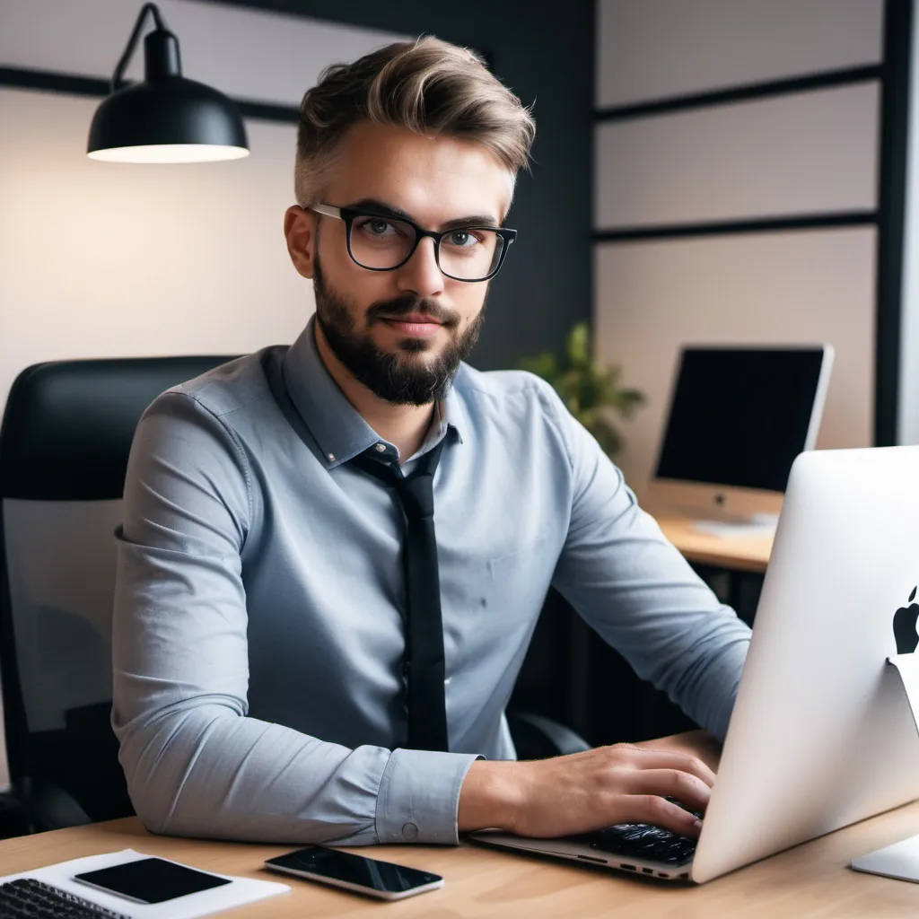 Prompt: a beautiful professional freelance man at the office with apple PC