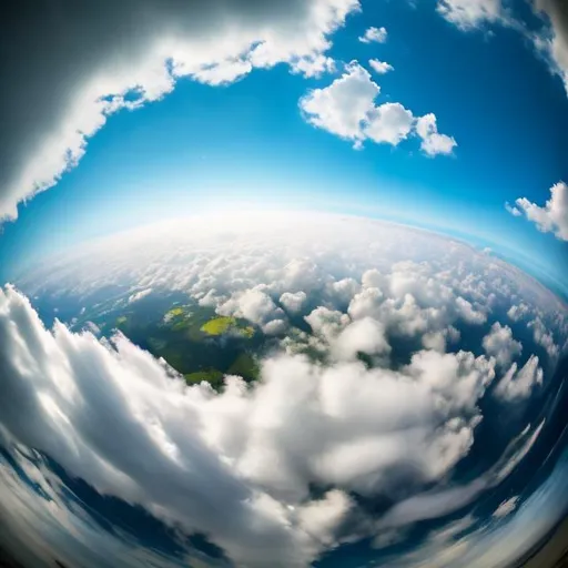 Prompt: fish eye point of veiw photo of sky with clouds and a dragonfly flying
