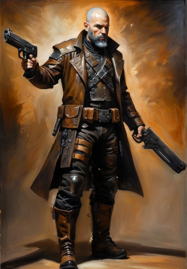 Prompt: (Full-body) oil painting portrait of (wizened) male space pirate, body armor, sword, revolver, shaved head, beard, Cybernetic implants,  armor, cybernetic (brown leather coat) (weapon bandoleer) , leather boots, dark gritty tones, dark atmospheric lighting, professional illustration, art, painted, painterly, impressionist brushwork, 