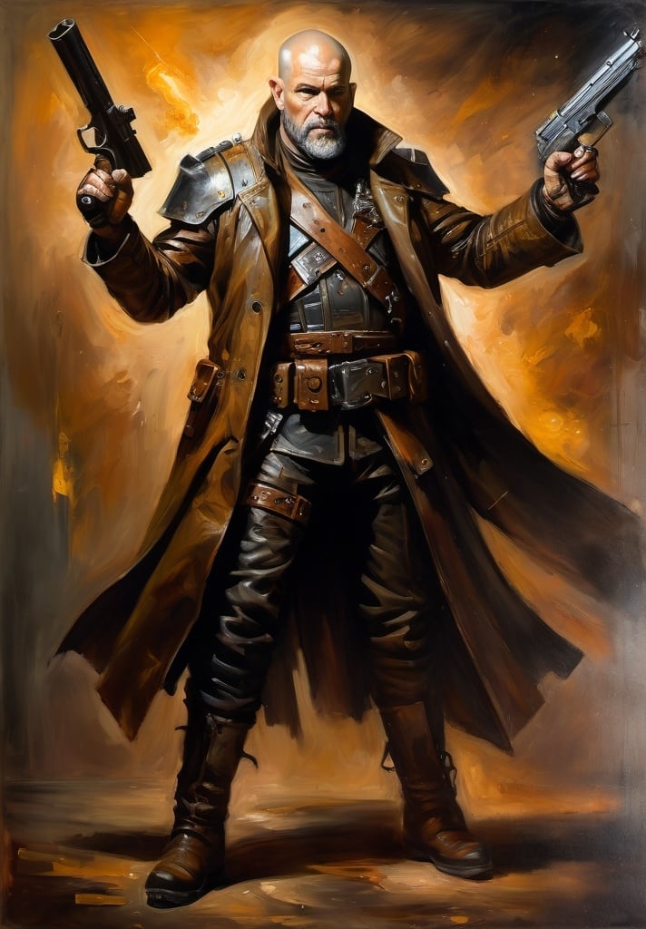 Prompt: (Full-body) oil painting portrait of (wizened) male space pirate, body armor, shaved head, beard, weapons (sword) (pistol), armor, (brown leather coat) (weapon bandoleer), leather boots, dark gritty tones, dark atmospheric lighting, professional illustration, art, painted, painterly, impressionist brushwork, 