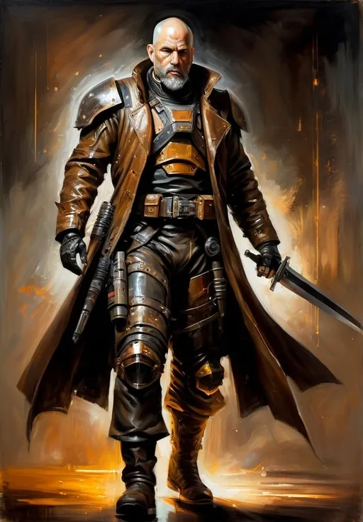 Prompt: (Full-body) oil painting portrait of (wizened) male space pirate, body armor, shaved head, beard, bionic implants,  armor, (cybernetic) (brown leather coat) (weapon bandoleer) , (sword) , leather boots, dark gritty tones, dark atmospheric lighting, professional illustration, art, painted, painterly, impressionist brushwork, 