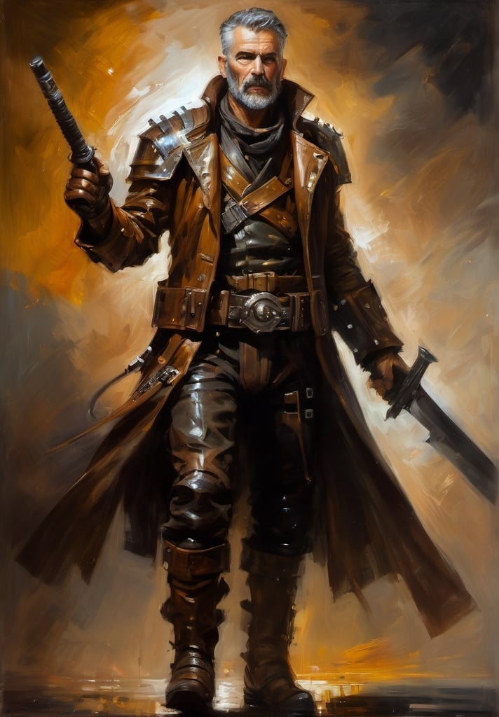 Prompt: (Full-body) oil painting portrait of (wizened) male space pirate, sword in hand, short cropped beard, armor, cybernetic (brown leather coat) (weapon bandoleer) , leather boots, dark gritty tones, dark atmospheric lighting, professional illustration, art, painted, painterly, impressionist brushwork, 