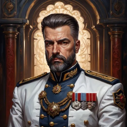 Prompt: (Full-body) oil painting portrait of (wizened) male Warhammer 40k Navy Officer standing in voidship interior, short cropped beard,  Warhammer 40k imperial navy officer dress uniform, (white dress shirt) (ornate navy tunic) (ornate navy greatcoat with ornate naval epaulets with gold tassels), ((dark red-brown leather dress shoes)), dress uniform (white pants), high gothic architecture, dark gritty tones, dark atmospheric lighting, professional illustration, art, painted, painterly, impressionist brushwork, worry lines in forehead, brown thick crew cut, brown thick styled beard, (wh40k), Warhammer, (wh40k voidship), interior, inside, fierce confident expression, highly detailed piercing ((brown eyes)), ((highly detailed facial features)), stoic standing pose, white gloves, Valeriy Vegera art style, (highly detailed background), high detail, 