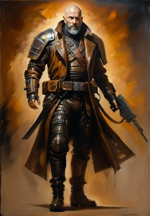 Prompt: (Full-body) oil painting portrait of (wizened) male space pirate, body armor, shaved head, beard, bionic implants,  armor, cybernetic (brown leather coat) (weapon bandoleer) , cutlass, leather boots, dark gritty tones, dark atmospheric lighting, professional illustration, art, painted, painterly, impressionist brushwork, 