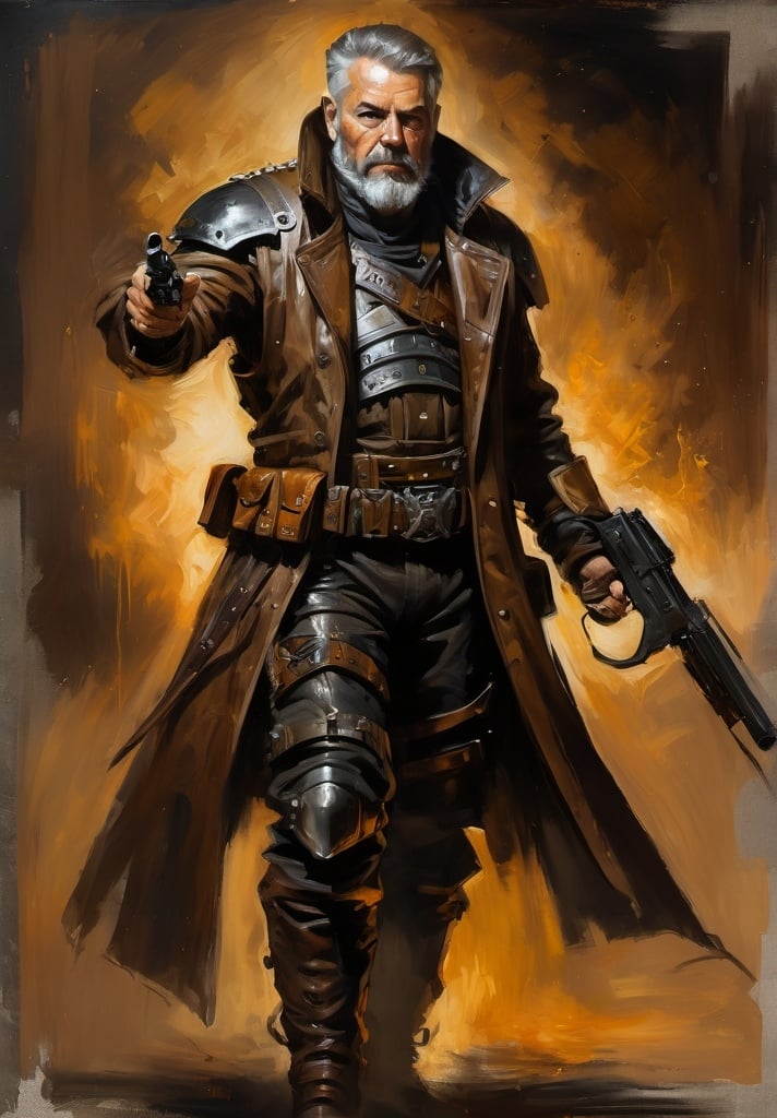 Prompt: (Full-body) oil painting portrait of (wizened) male space pirate, body armor, short hair, beard, weapons (sword) (pistol), armor, (brown leather coat) (weapon bandoleer), leather boots, dark gritty tones, dark atmospheric lighting, professional illustration, art, painted, painterly, impressionist brushwork, 