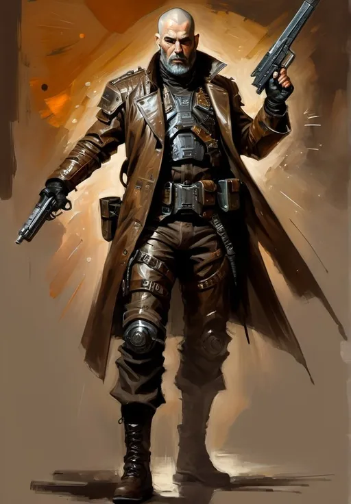 Prompt: (Full-body) oil painting portrait of (wizened) male space pirate, body armor, sword in right hand, pistol in left hand, shaved head, beard, bionic implants,  armor, cybernetic (brown leather coat) (weapon bandoleer) , leather boots, dark gritty tones, dark atmospheric lighting, professional illustration, art, painted, painterly, impressionist brushwork, 