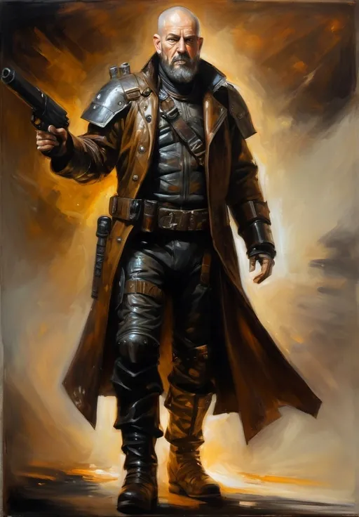 Prompt: (Full-body) oil painting portrait of (wizened) male space pirate, body armor, shaved head, beard, bionic implants,  armor, (brown leather coat) (weapon bandoleer), leather boots, dark gritty tones, dark atmospheric lighting, professional illustration, art, painted, painterly, impressionist brushwork, 