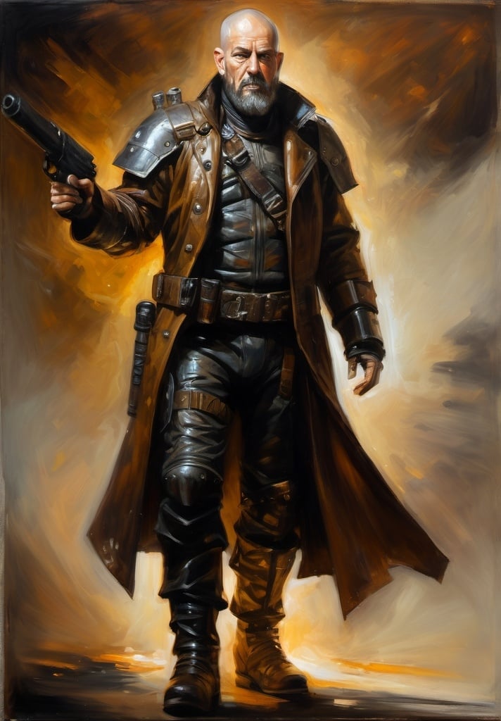 Prompt: (Full-body) oil painting portrait of (wizened) male space pirate, body armor, shaved head, beard, bionic implants,  armor, (brown leather coat) (weapon bandoleer), leather boots, dark gritty tones, dark atmospheric lighting, professional illustration, art, painted, painterly, impressionist brushwork, 