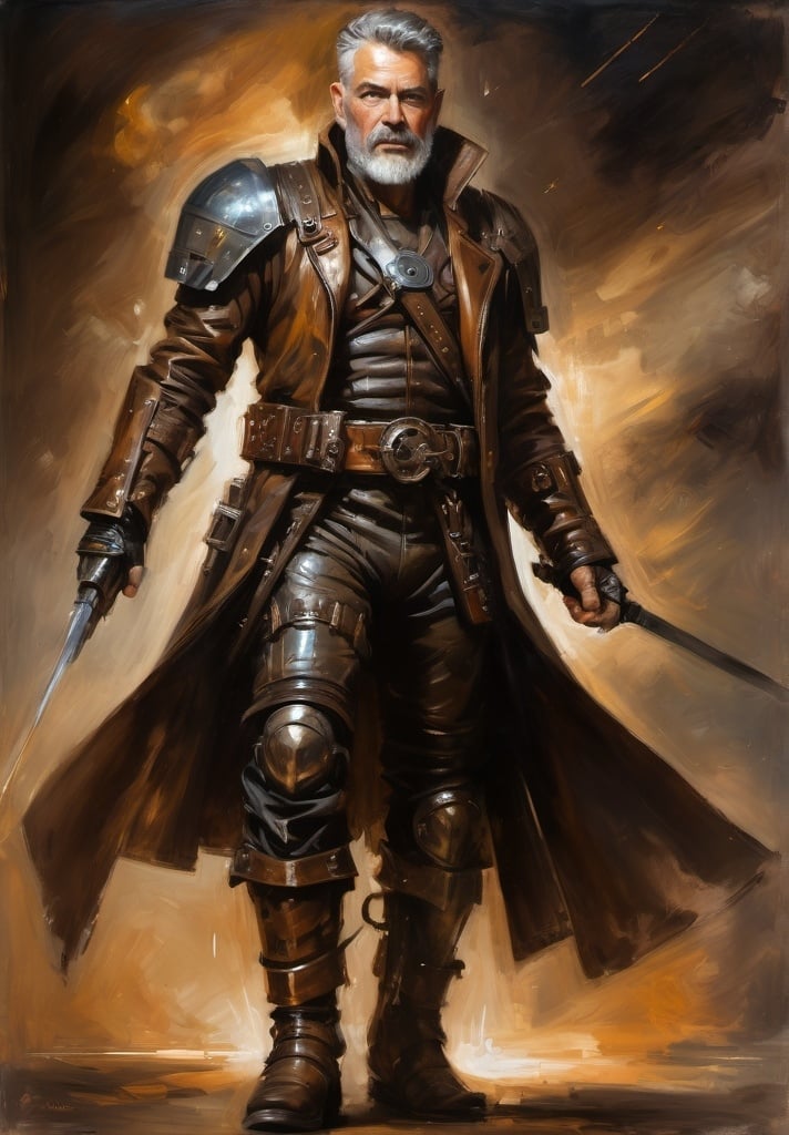 Prompt: (Full-body) oil painting portrait of (wizened) male space pirate, sword in hand, short cropped beard, armor, cybernetic (brown leather coat) (weapon bandoleer) , leather boots, dark gritty tones, dark atmospheric lighting, professional illustration, art, painted, painterly, impressionist brushwork, 