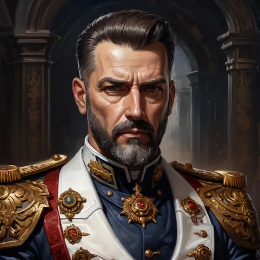Prompt: (Full-body) oil painting portrait of (wizened) male Warhammer 40k Navy Officer standing in voidship interior, short cropped beard,  Warhammer 40k imperial navy officer dress uniform, (white dress shirt) (ornate navy tunic) (ornate navy greatcoat with ornate naval epaulets with gold tassels), ((dark red-brown leather dress shoes)), dress uniform (white pants), high gothic architecture, dark gritty tones, dark atmospheric lighting, professional illustration, art, painted, painterly, impressionist brushwork, worry lines in forehead, brown thick crew cut, brown thick styled beard, (wh40k), Warhammer, (wh40k voidship), interior, inside, fierce confident expression, highly detailed piercing ((brown eyes)), ((highly detailed facial features)), stoic standing pose, white gloves, Valeriy Vegera art style, (highly detailed background), high detail, 