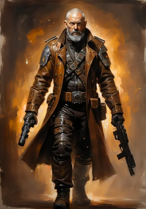 Prompt: (Full-body) oil painting portrait of (wizened) male space pirate, body armor, shaved hair, beard, (laser pistol ), armor, (brown leather coat) (weapon bandoleer), leather boots, dark gritty tones, dark atmospheric lighting, professional illustration, art, painted, painterly, impressionist brushwork, 