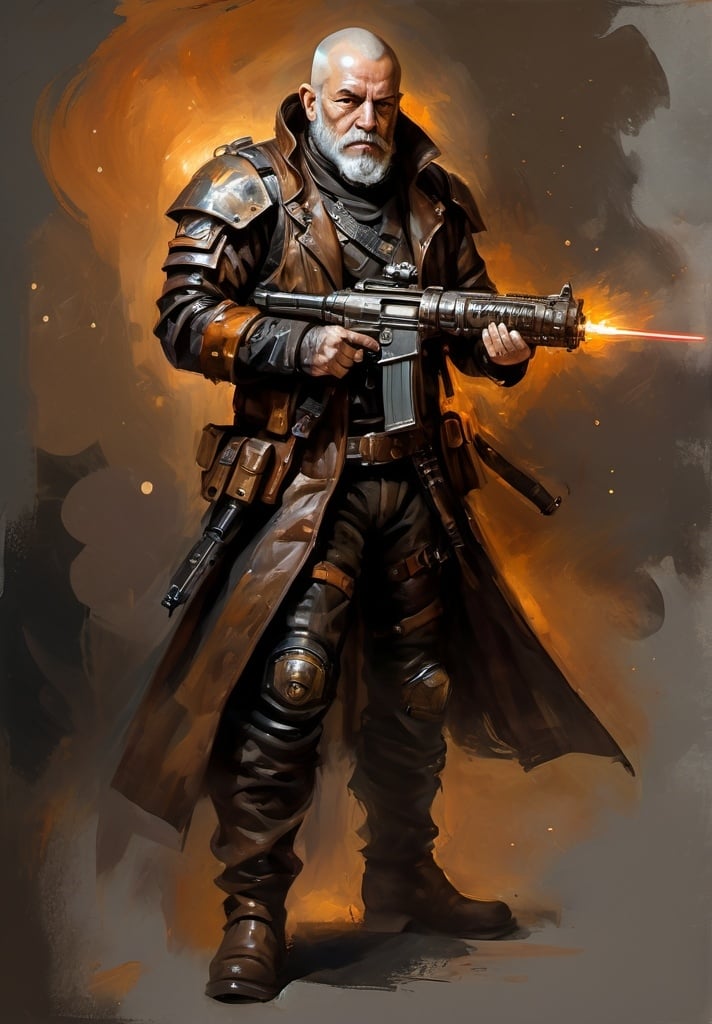 Prompt: (Full-body) oil painting portrait of (wizened) male space pirate, body armor, shaved hair, beard, (laser pistol ), armor, (brown leather coat) (weapon bandoleer), leather boots, dark gritty tones, dark atmospheric lighting, professional illustration, art, painted, painterly, impressionist brushwork, 