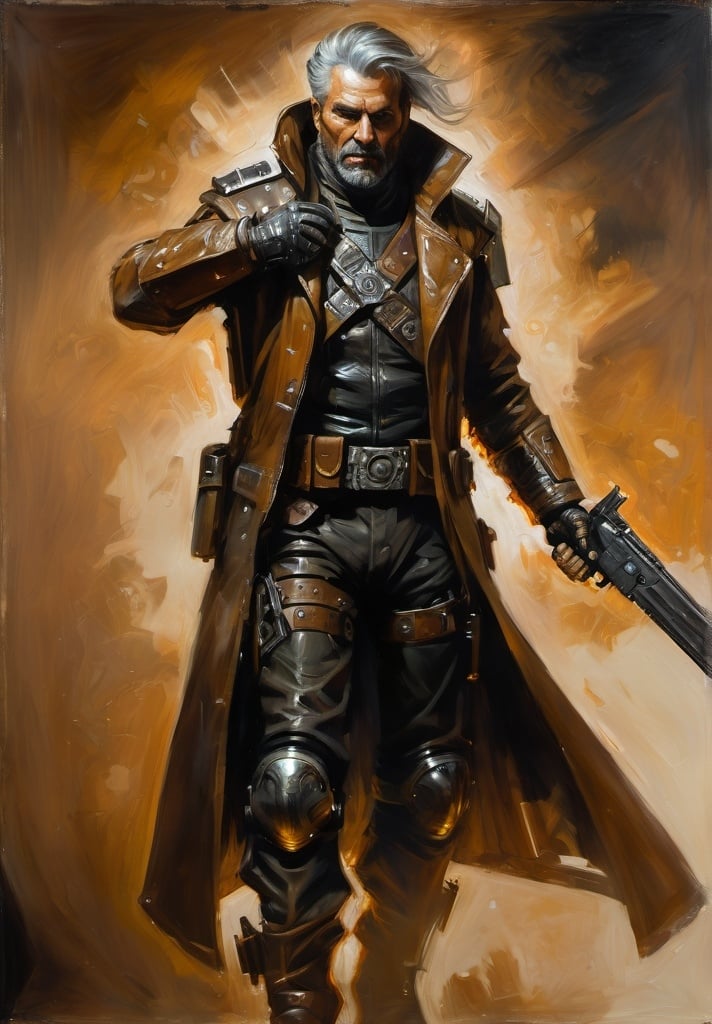 Prompt: (Full-body) oil painting portrait of (wizened) male space pirate, body armor, sword right hand, revolver left hand, short cropped beard, Cybernetic implants,  armor, cybernetic (brown leather coat) (weapon bandoleer) , leather boots, dark gritty tones, dark atmospheric lighting, professional illustration, art, painted, painterly, impressionist brushwork, 