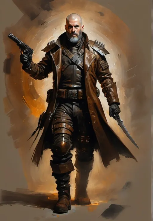 Prompt: (Full-body) oil painting portrait of (wizened) male space pirate, body armor, shaved head, beard, bionic implants,  armor, cybernetic (brown leather coat) (weapon bandoleer) , cutlass, leather boots, dark gritty tones, dark atmospheric lighting, professional illustration, art, painted, painterly, impressionist brushwork, 