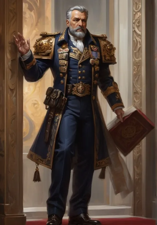 Prompt: (Full-body) oil painting portrait of (wizened) male Warhammer 40k Navy Officer standing in voidship interior, short cropped beard, armour, Warhammer 40k imperial navy officer dress uniform, (white dress shirt) (ornate navy tunic) (ornate navy greatcoat with ornate naval epaulets with gold tassels), ((dark red-brown leather dress shoes)), dress uniform (white pants), high gothic architecture, dark gritty tones, dark atmospheric lighting, professional illustration, art, painted, painterly, impressionist brushwork, worry lines in forehead, brown thick crew cut, brown thick styled beard, (wh40k), Warhammer, (wh40k voidship), interior, inside, fierce confident expression, highly detailed piercing ((brown eyes)), ((highly detailed facial features)), stoic standing pose, white gloves, Valeriy Vegera art style, (highly detailed background), high detail, 