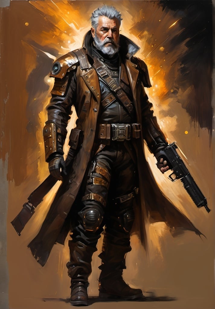 Prompt: (Full-body) oil painting portrait of (wizened) male space pirate, body armor, buzzed hair, beard, (laser pistol ), armor, (brown leather coat) (weapon bandoleer), leather boots, dark gritty tones, dark atmospheric lighting, professional illustration, art, painted, painterly, impressionist brushwork, 