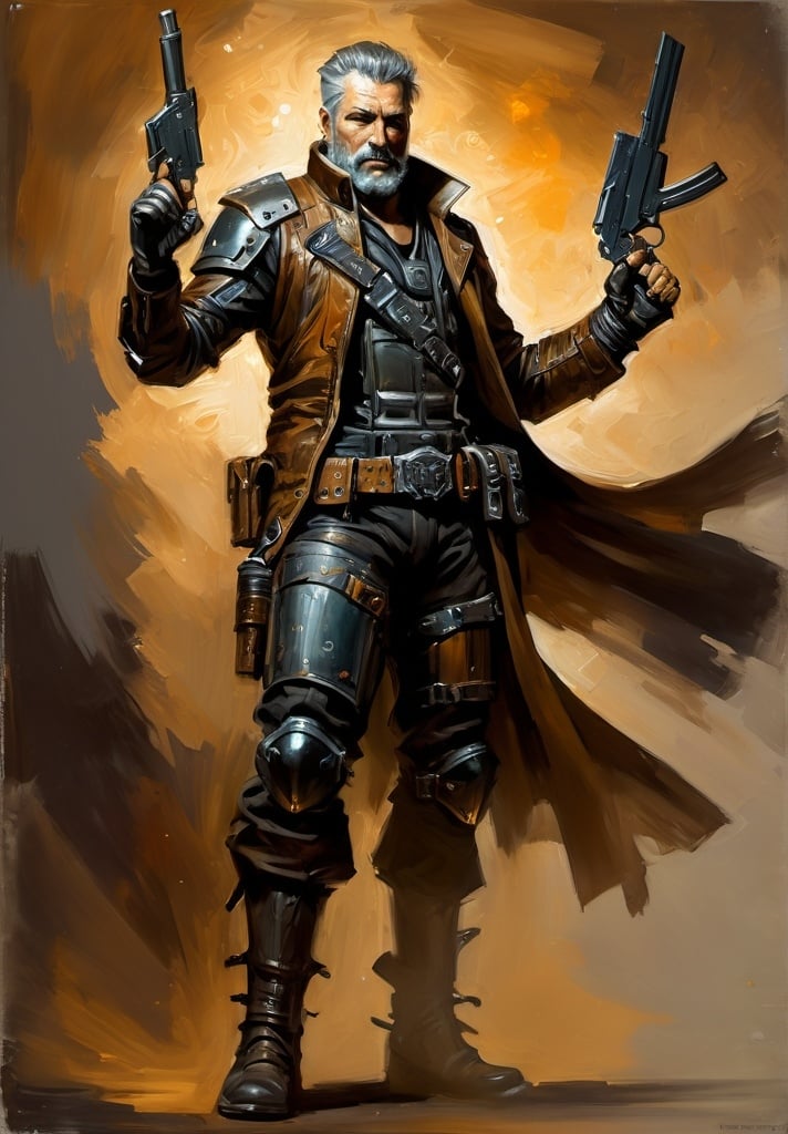 Prompt: (Full-body) oil painting portrait of (wizened) male space pirate, body armor, sword right hand, revolver left hand, short cropped beard, Cybernetic implants,  armor, cybernetic (brown leather coat) (weapon bandoleer) , leather boots, dark gritty tones, dark atmospheric lighting, professional illustration, art, painted, painterly, impressionist brushwork, 