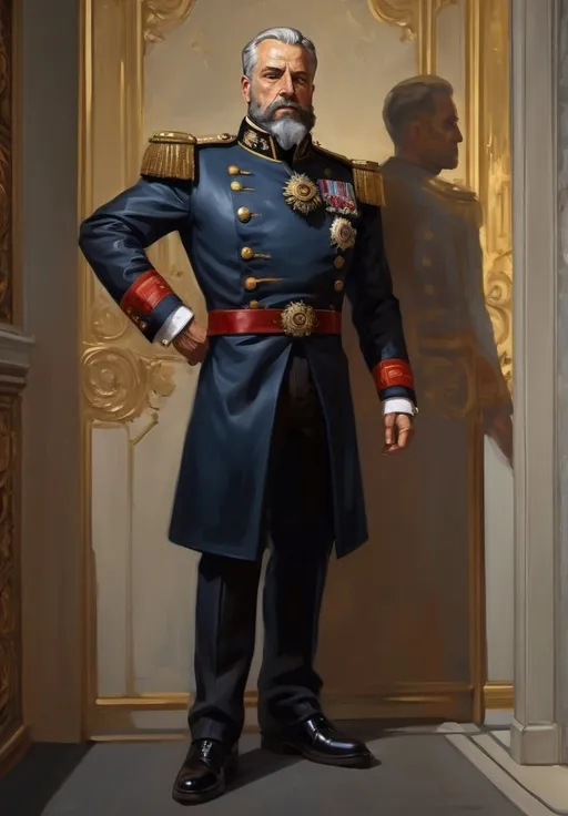 Prompt: (Full-body) oil painting portrait of (wizened) male Warhammer 40k Navy Officer standing in voidship interior, short cropped beard, armour, Warhammer 40k imperial navy officer dress uniform, (white dress shirt) (ornate navy tunic) (ornate navy greatcoat with ornate naval epaulets with gold tassels), ((dark red-brown leather dress shoes)), dress uniform (white pants), high gothic architecture, dark gritty tones, dark atmospheric lighting, professional illustration, art, painted, painterly, impressionist brushwork, worry lines in forehead, brown thick crew cut, brown thick styled beard, (wh40k), Warhammer, (wh40k voidship), interior, inside, fierce confident expression, highly detailed piercing ((brown eyes)), ((highly detailed facial features)), stoic standing pose, white gloves, Valeriy Vegera art style, (highly detailed background), high detail, 