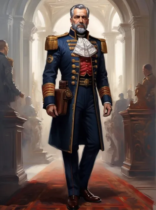 Prompt: (Full-body) oil painting portrait of (wizened) male Warhammer 40k Navy Officer standing in voidship interior, short cropped beard, armour, Warhammer 40k imperial navy officer dress uniform, (white dress shirt) (ornate navy tunic) (ornate navy greatcoat with ornate naval epaulets with gold tassels), ((dark red-brown leather dress shoes)), dress uniform (white pants), high gothic architecture, dark gritty tones, dark atmospheric lighting, professional illustration, art, painted, painterly, impressionist brushwork, worry lines in forehead, brown thick crew cut, brown thick styled beard, (wh40k), Warhammer, (wh40k voidship), interior, inside, fierce confident expression, highly detailed piercing ((brown eyes)), ((highly detailed facial features)), stoic standing pose, white gloves, Valeriy Vegera art style, (highly detailed background), high detail, 