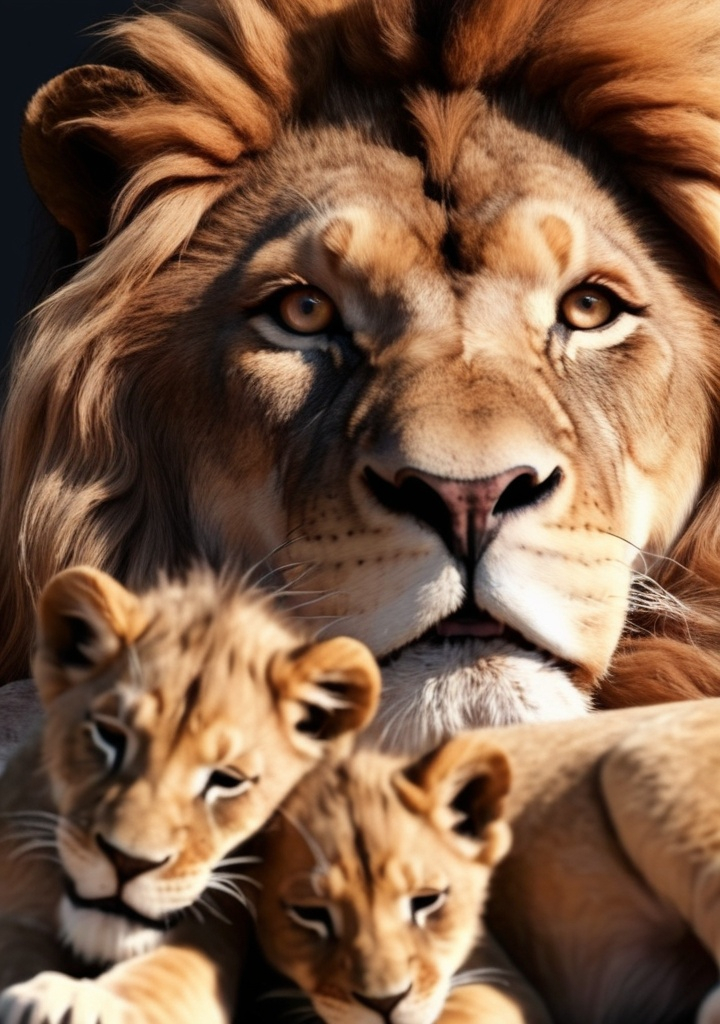 Prompt: 100% realistic portrait lion family Sleeping Eyes closed love warm colors portrait, many whiskers, long and thick hair, beautiful hungry very detailed hair, Very detailed face and eyes, Dark background , 8k , 4k full hd , soft light cinematic