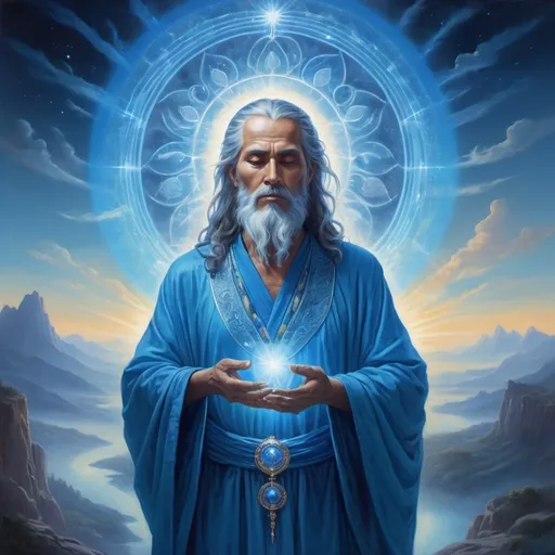 Prompt: (A prophet with a bar head), wearing a striking (blue outfit), surrounded by (ethereal light) and (wisdom-filled aura), exuding a sense of (serenity) and (divine guidance). The background features a (mystical landscape) with celestial elements, creating an atmosphere of (spiritual enlightenment). The image should be (highly detailed), reflecting a (vibrant color palette) that enhances the mystical tone.